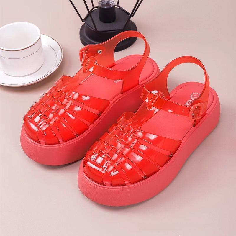 Fashionable PVC Thick Heeled Women's Sandals Hollowed Out Breathable Platform Jelly Falt Soles Solid Colors Sandal