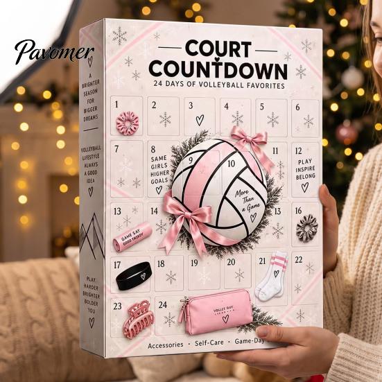 Youth Sports Equipment Gift Volleyball Girl Advent Calendar, 24-Day Accessories Countdown Box Daily Wear Items for Students with Hair Ties Charms