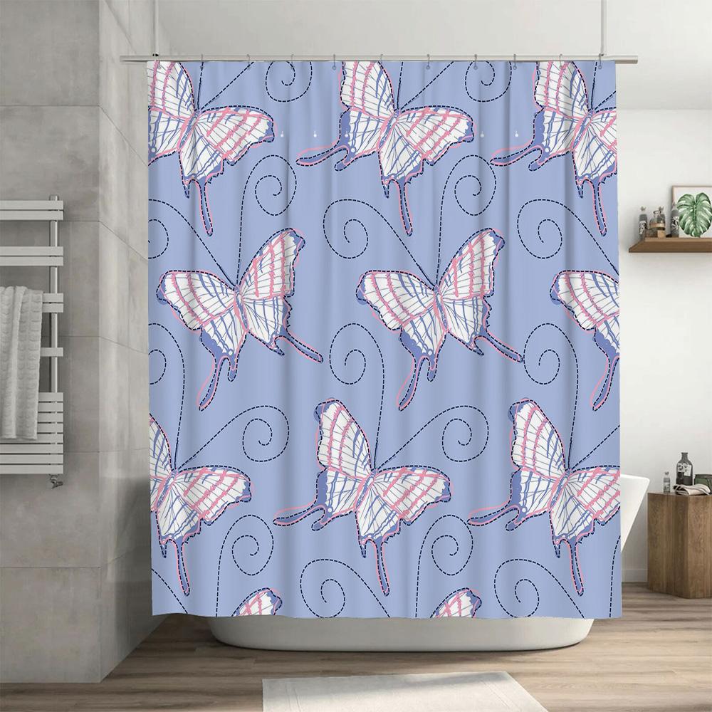 Blue Butterfly Shower Curtain with White Stripes Perfect for Bathroom Decor!