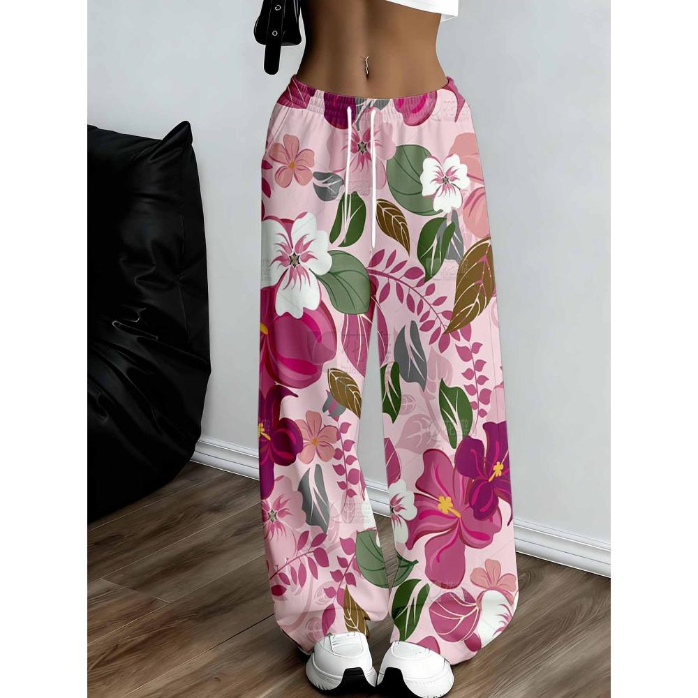 Pink floral wide-leg pants, suitable for casual going out and relaxing at home