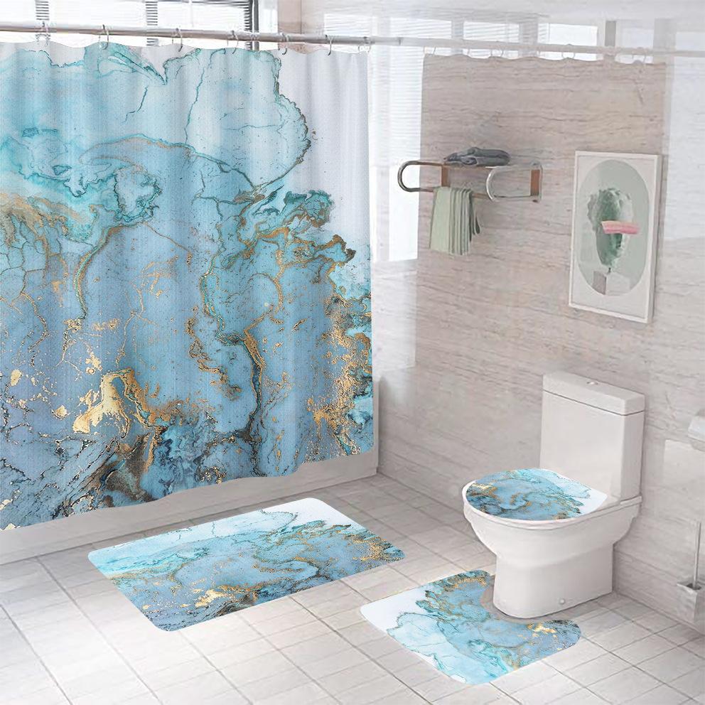 Bathroom Shower Curtain Four-piece Digital Printing Marble Waterproof Shower Curtain Toilet Partition Curtain Bath Mat