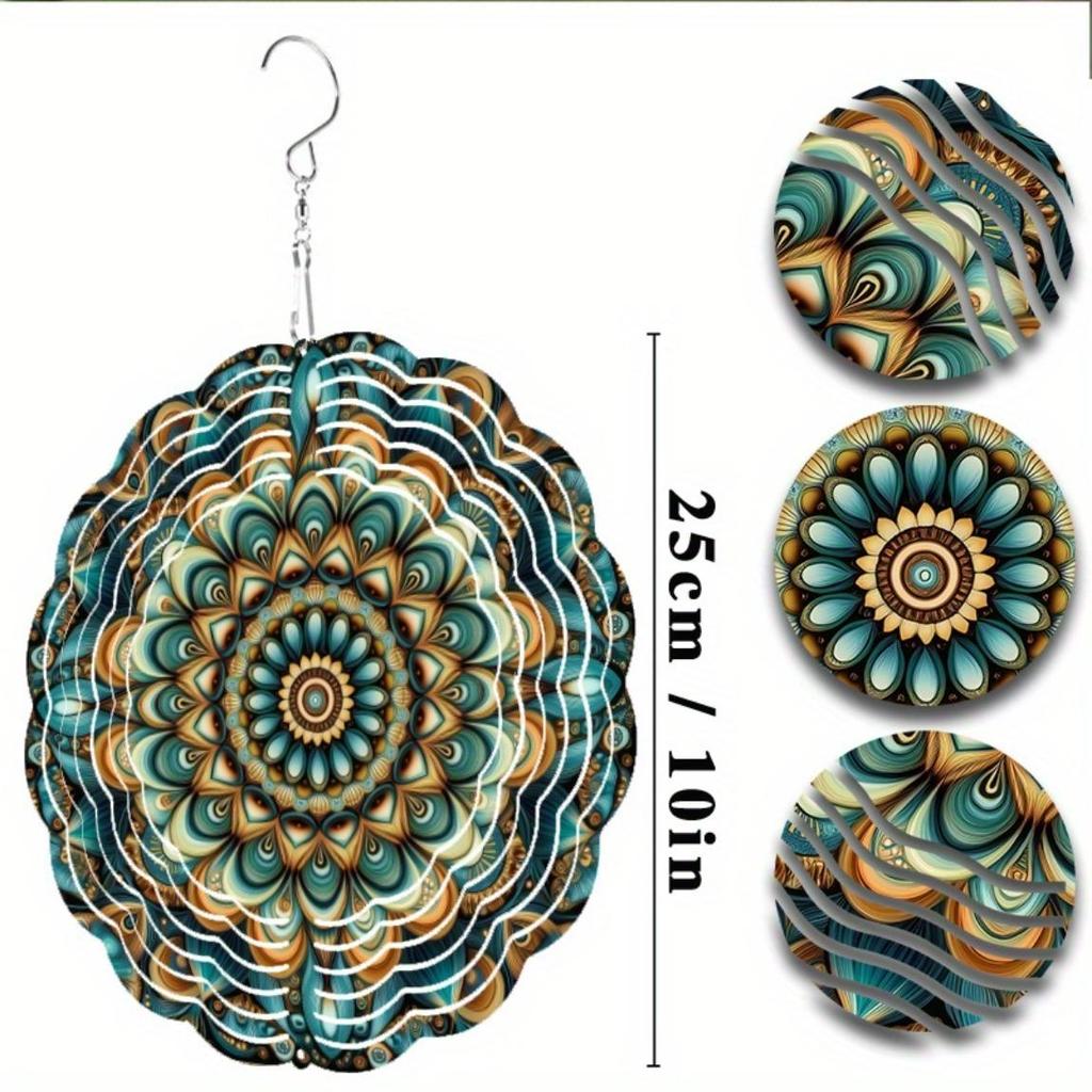 Metal Wind Spinner Autumn Flower Mandala Design in Teal Gold Brown for Garden Patio Balcony Decor All Season Outdoor Wind Chime