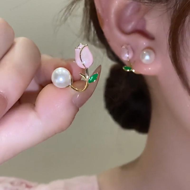 Elegant S925 Silver Pink Tulip Flower Pearl Stud Earrings for Women, 2023 Trendy Style