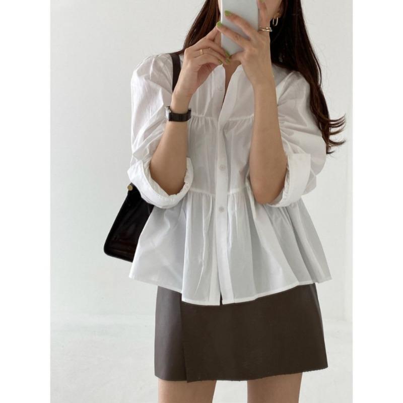 Casual Puff Sleeve Pleated White Shirts for Women Fashion Patchwork Simple Single Breasted Loose Blouses Tops Women Solid Lapel Vintage Blouse 26288