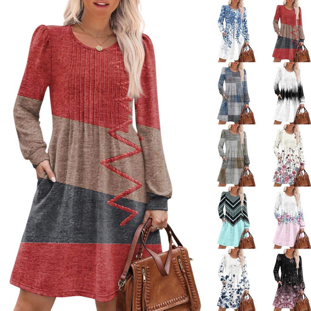 Women's Long Sleeve Pleated Round Neck Vintage Floral Print Casual Dress With Pockets