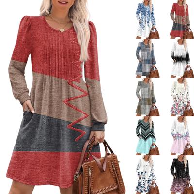 Vestido Casual Feminino de Manga Longa com Pregas, Gola Redonda, Estampa Floral Vintage e Bolsos