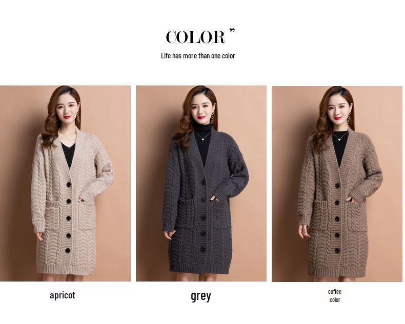Women's Thick Knit Mid-Length Cardigan - 2025 Autumn/Winter Fashionable Loose Sweater Coat