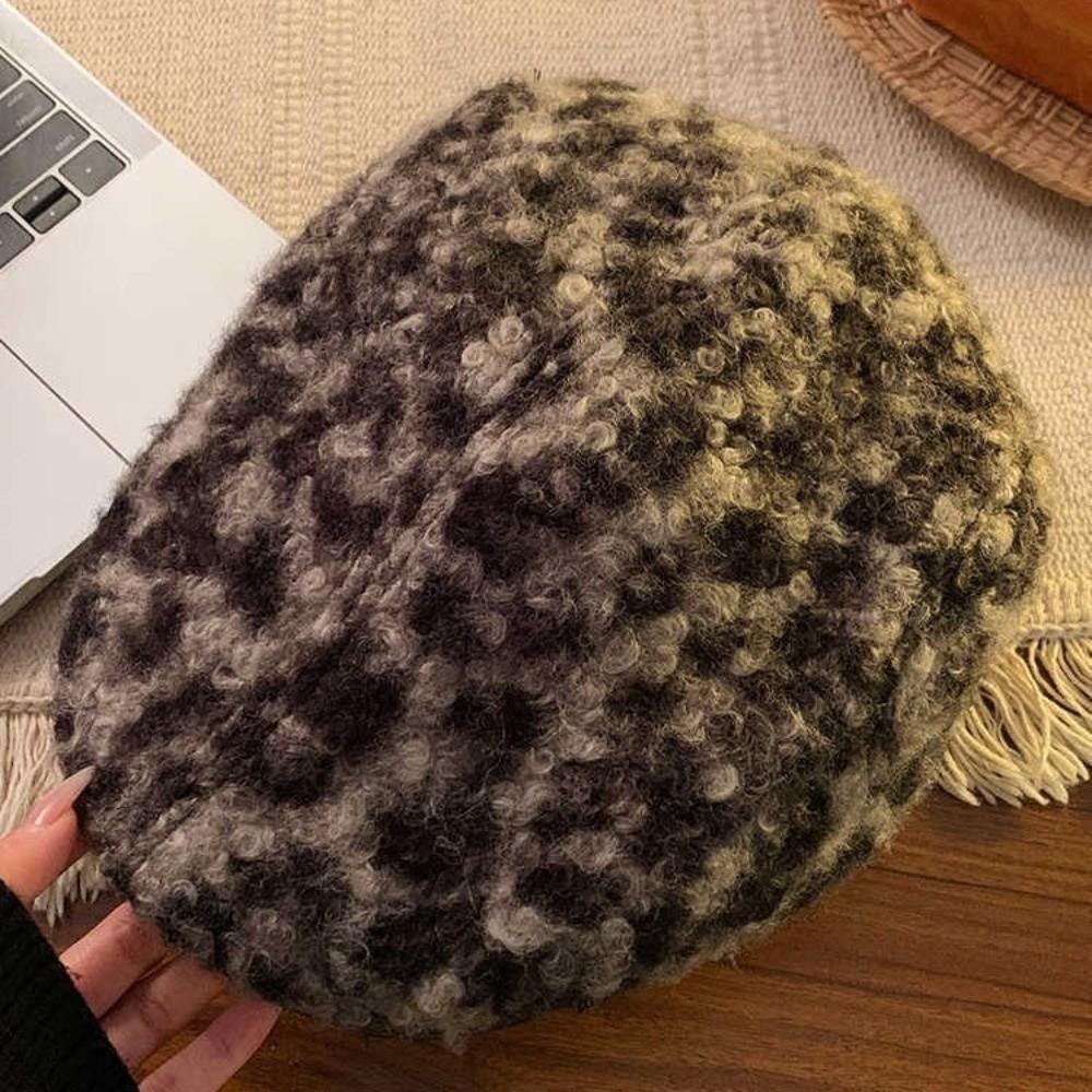 Pu Leather Brim Lamb Wool Berets Hat Keep Warm Women Newsboy Caps Retro Leopard Print Berets  Girl