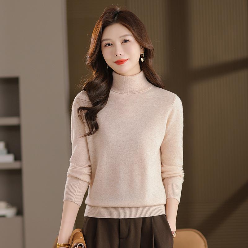 Women's Pure Wool High Neck Pullover: Warm Autumn/Winter Base Layer Long Sleeve Sweater
