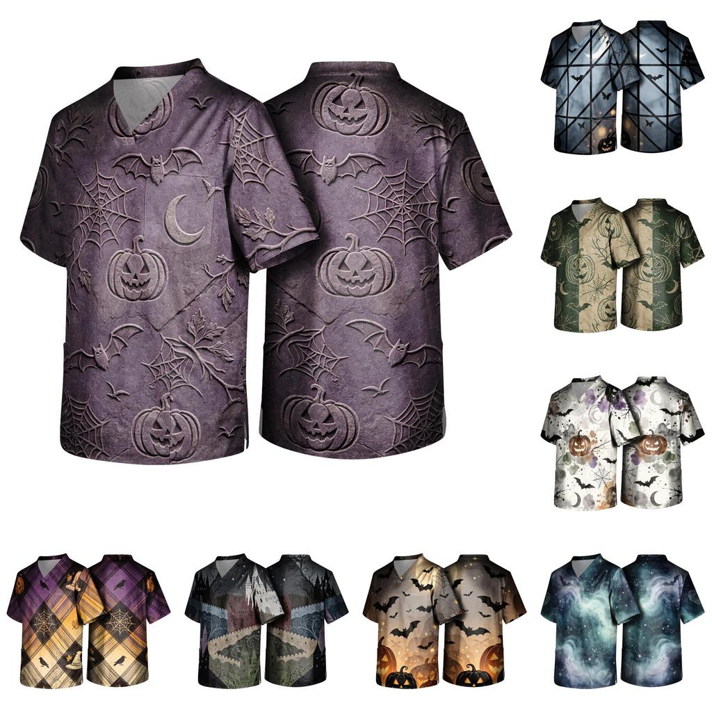 Herren Halloween Print Medizinische Kasack-Oberteil V-Ausschnitt mit Bindeband Taschen Bequeme Passform Tägliche Arbeitskleidung für medizinisches Fachpersonal