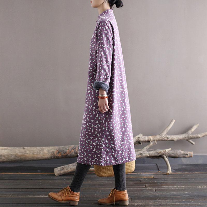 Johnature Women Loose Padded Dress Vintage Print Floral Stand Long Sleeve Dresses Winter Chinese Style Casual Clothing