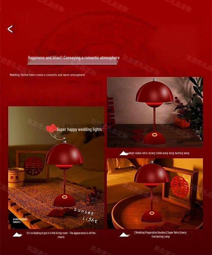 Red Festive Mushroom Table Lamp - Chinese Style Wedding Bedside Decor