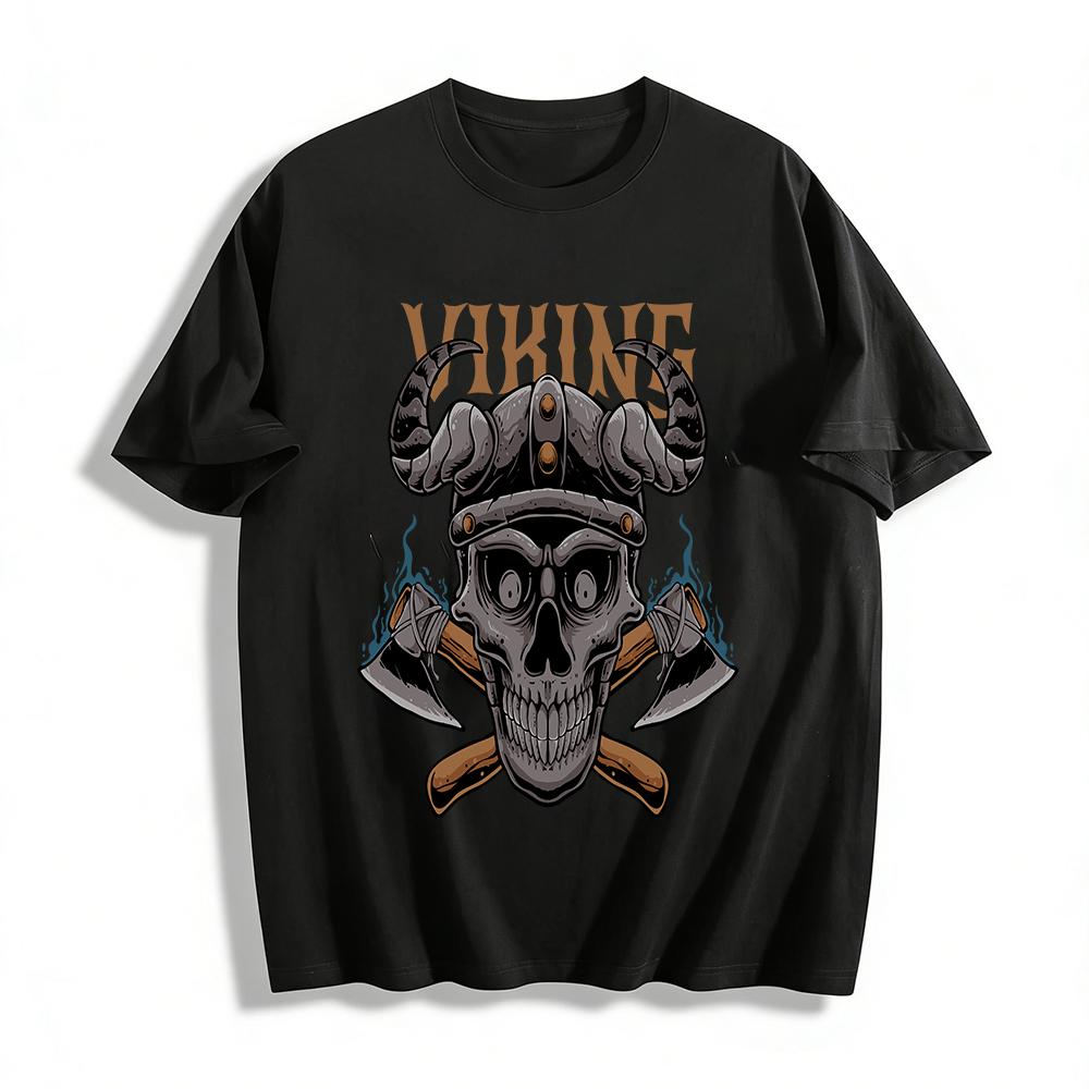 

Vintage Viking Skull Axe Print Men s Casual Short Sleeve T-Shirt Pure cotton T-shirt XXS