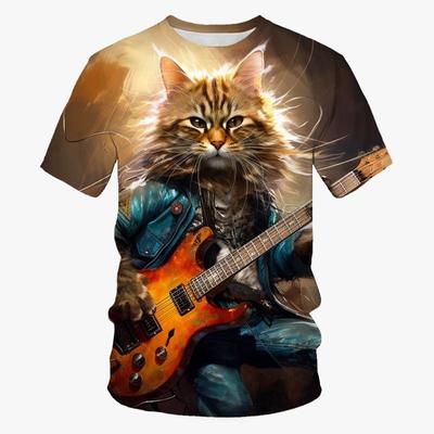 3d Print Guitar Bass Cat T Shirt For Men Animal Graphic T-shirt Hip-hop Personality Short Sleeves Round Neck Rock T-shirts