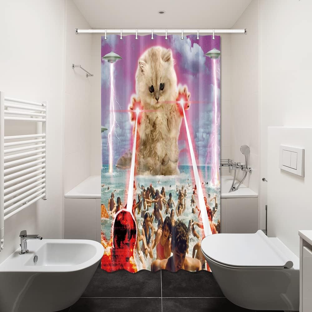 

Funny Cat Shower Curtain, Fun Japanese Cute Animal Riding Whale Ocean Sea Wave Kids Fish Hilarious Shower Curtains W60H190(CM)-1 Pcs