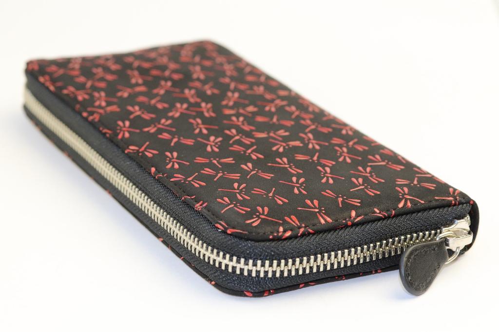 Inden, Inden-ya, by Uehara Yuichi (INDEN-YA), Genuine Leather Long Walletpurse, Model Number 2317, Black with Red Lacquer, Dragonfly Pattern,