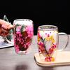 Double Wall Glass Mug with Flower Glitter Inside 450ml Large Capacity Heat & Cold Resistant Transparent