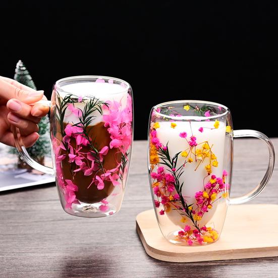Double Wall Glass Mug with Flower Glitter Inside 450ml Large Capacity Heat & Cold Resistant Transparent Mug Creative Breakfast Coffee Cup