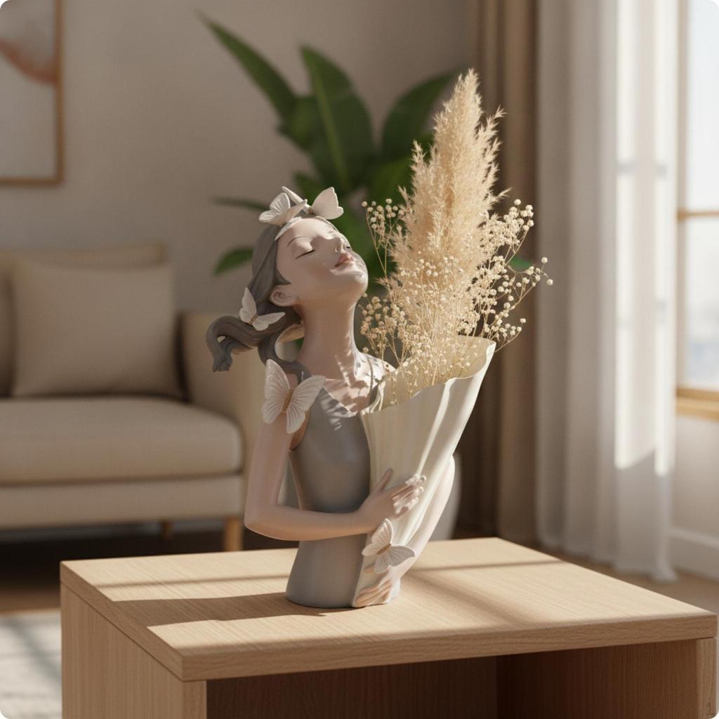 Bouquet Girl Sculpture Artistic Figurine with Flower Statue