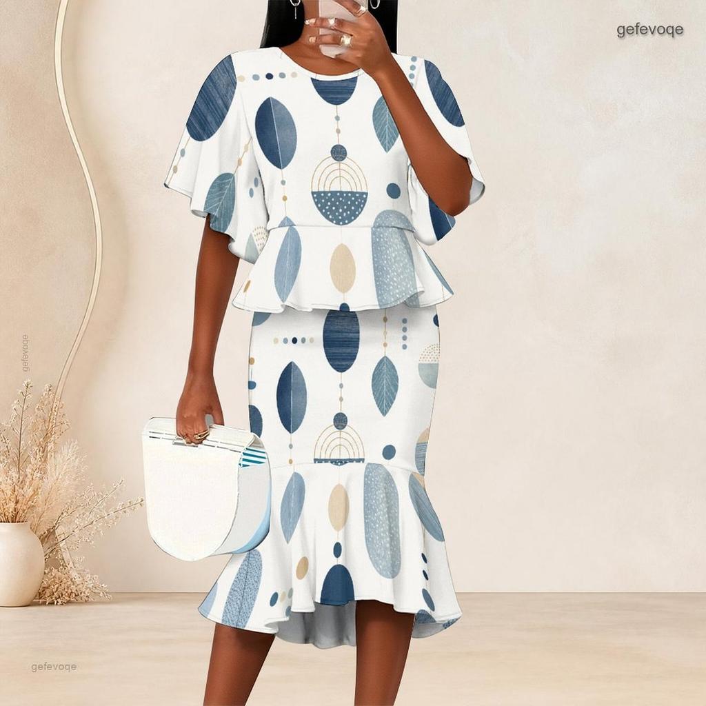 Women Plus Size Pink Black White Printed Two Piece Set Round Neck Batwing Sleeve Ruffle Hem Top Fishtail Skirt