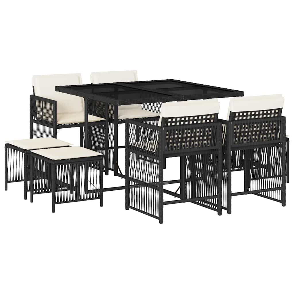 9 Piece Outdoor Dining Set with Cushions Black Poly Rattan