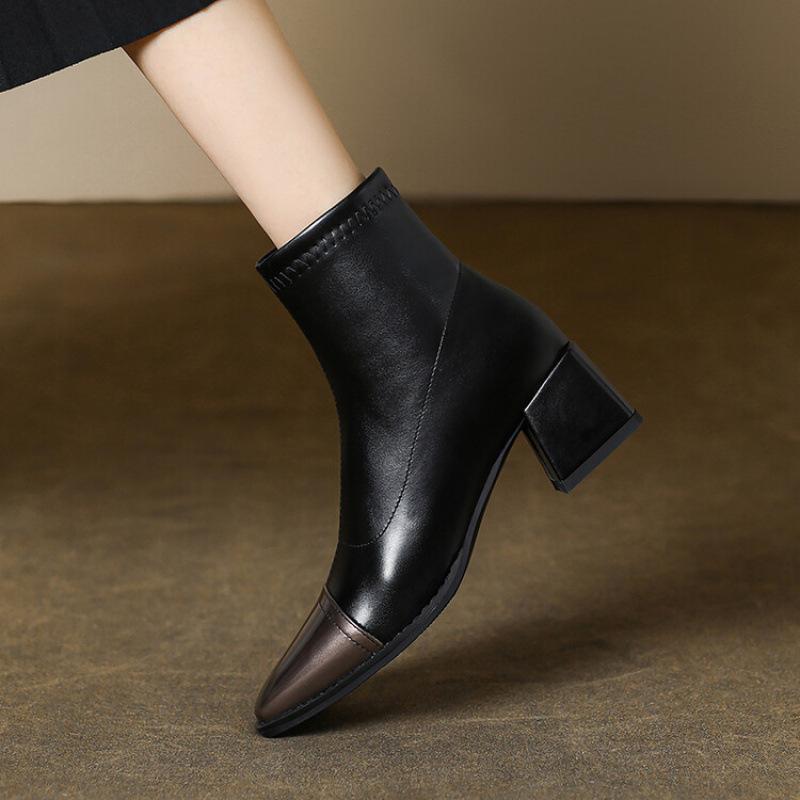 

Autumn and winter women s fashion boots side zipper Korean version rubber sole large size women s boots middle heel square heel leather boots medi 39 чёрный