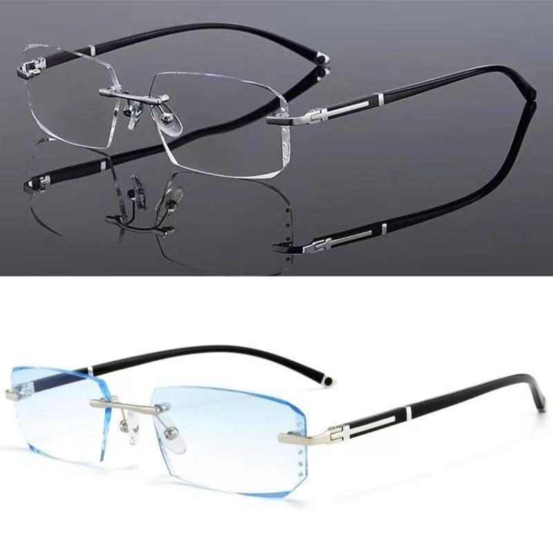 2PCS Anti Blue Light Presbyopia Diamond Trimmed Frameless Photochromic Reading Glasses Glasses Fashionable Business Men Glassess