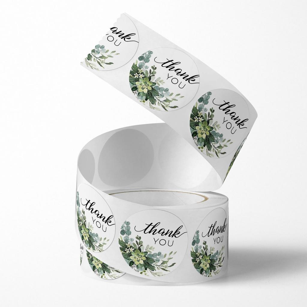 500 PCs/roll 1 Inch Green Floral Thank You Stickers for Gift Wrap, Envelope Closure, Small Business Office Supplies, Diy Decor