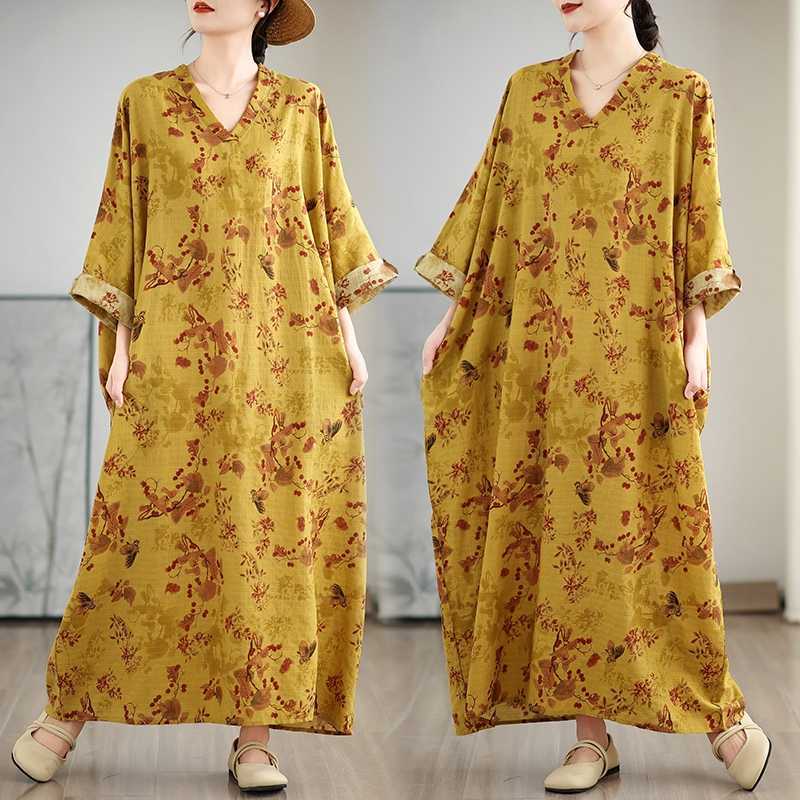 Colorful V-neck Retro Long Skirt Cotton Linen Dress