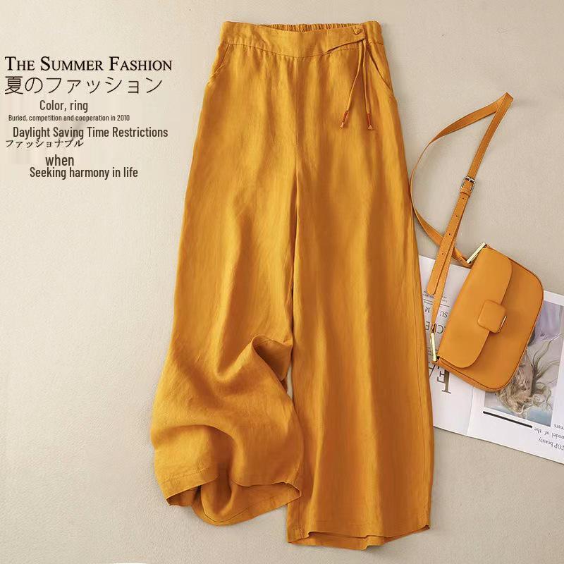 

Women s Retro High-Waist Wide-Leg Pants - Spring/Summer Cotton Linen Blend L