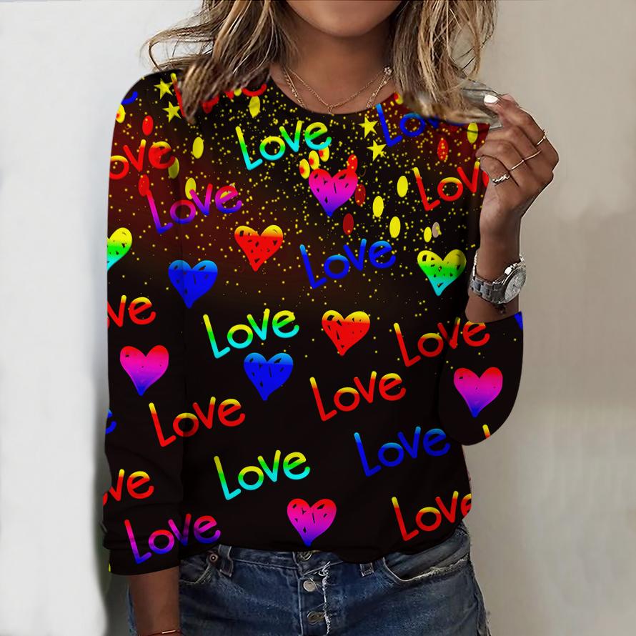 Women Love Heart Print Graphic T Shirt For Women Pink Fashion Long Sleeve Tees Autumn Winter Casual Loose T-Shirts
