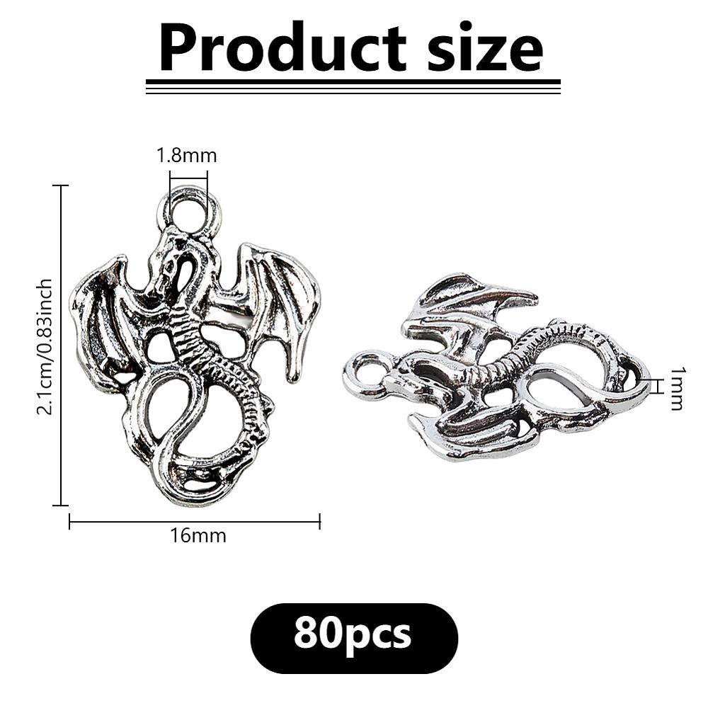 80Pcs Tibetan Style Alloy Pendants Dragon Charm Antique Silver 21x16x1mm Hole: 1.8mm