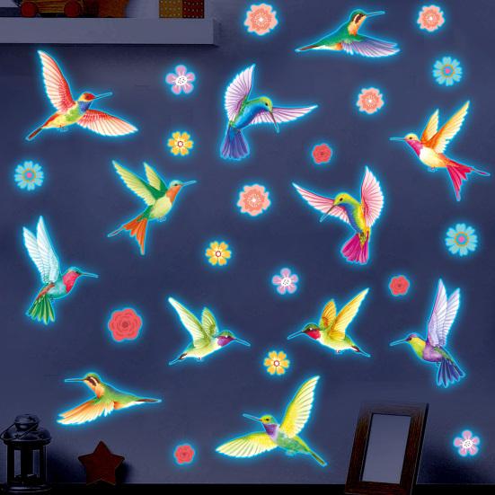 Glow in The Dark Wall Sticker, Hummingbirds Flowers Luminous Wall Decal, Waterproof Self Adhesive Sticker for Kids Room Nursery