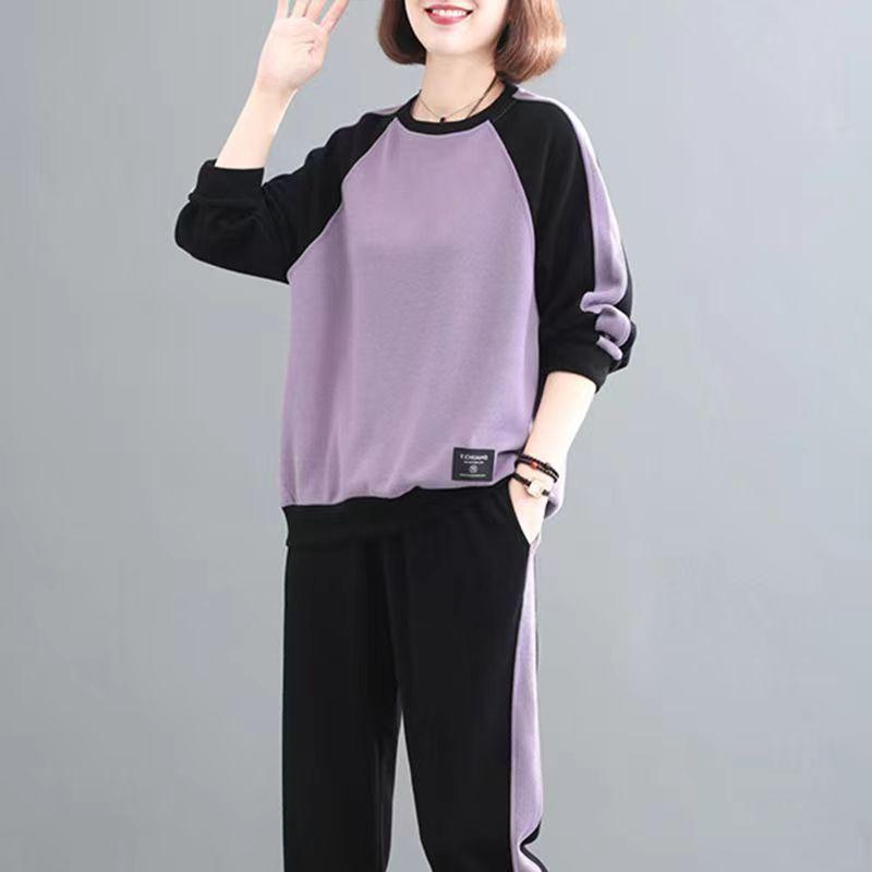 Women's Loose Fit Two Piece Tracksuit Long Sleeve Raglan Top Elastic Waist Jogger Pants Color Block Patchwork Casual Matching Set