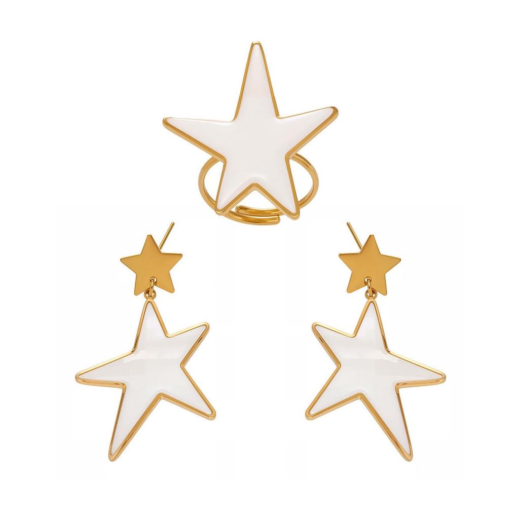 Qiong Yao 18K Gold-Plated Mother-of-Pearl Star Pendant Earrings & Openable Ring with Bold Oil Drip Design