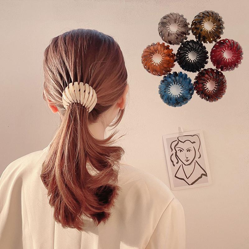 Pince à cheveux chignon en forme de nid d'oiseau en plastique extensible vintage géométrique pour faire des chignons, pinces à cheveux, support queue de cheval pour filles