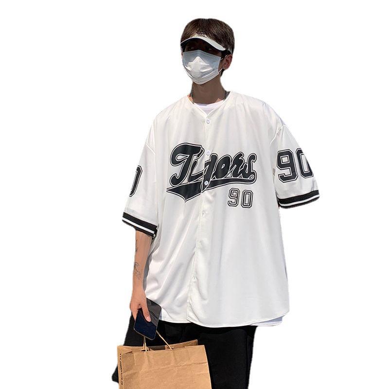 2023 Summer Men's Trendy Short-Sleeve Shirt: Hong Kong & Japanese Hip-Hop Style Cardigan Baseball Jacket