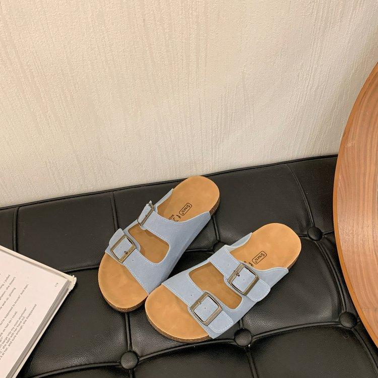 British retro one-word button slippers women's summer wear 2025 new Korean version one-word drag flats beach shoes sandals