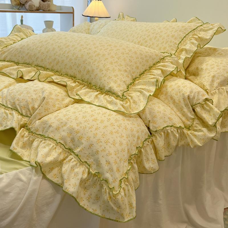 3/4Pc Korean Princess Style Floral Ruffles Bedding Set Single Queen Size Soft Skin-friendly Washed Cotton Duvet Cover Pillowcase