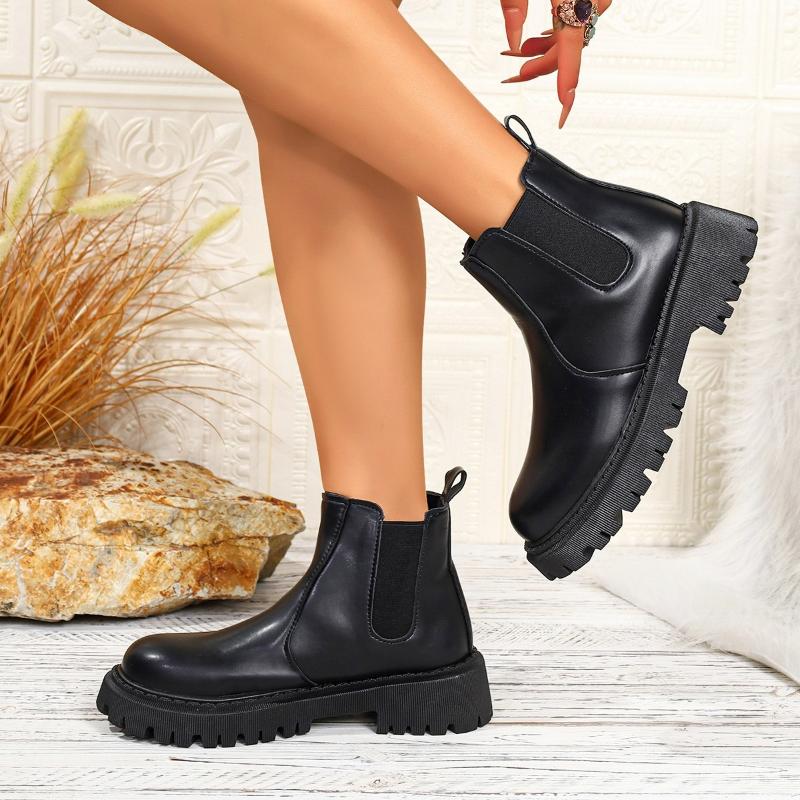 New Leather Platform Chelsea Boots Women Fashion Slip On Ankle Boots Non Slip Thick Sole Short Booties Mujer Plus Size 42