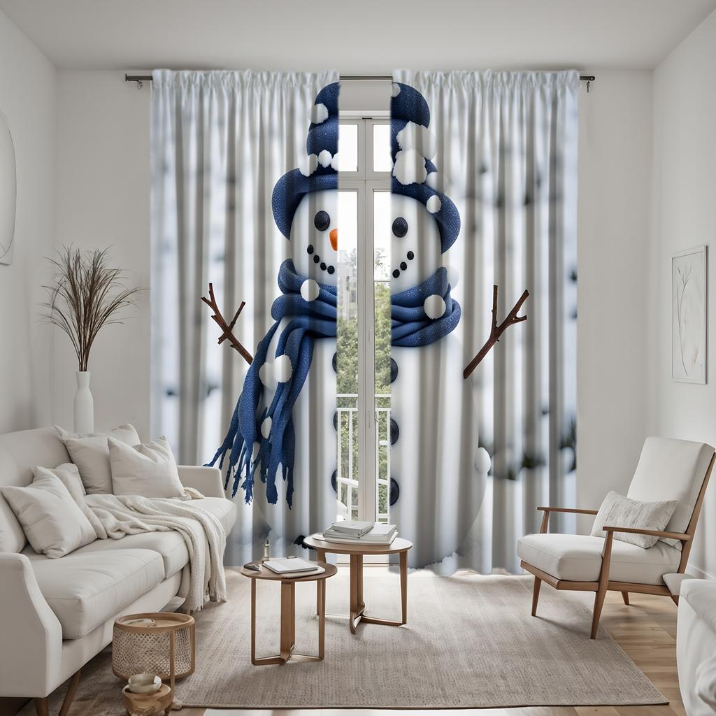 2pcs HD Christmas Blue Snowman Decorative Curtain White Tie Digital Printed Curtain Home Decoration Style Decoration Living R