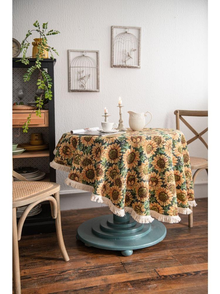 Amerikanische Tischdecke Jacquard Sonnenblume Tischdecke Runde Tischdecke Geeignet für Feiertagsküchen, Wohnzimmer, Familientreffen