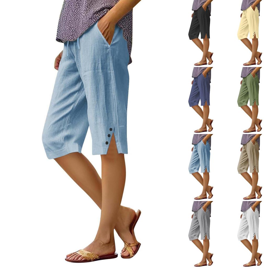 Pants For Women Casual Summer Solid Color Elastic High Waist Cotton And Linen Loose  Pants Drawstring Pocket Mid Leg Pants