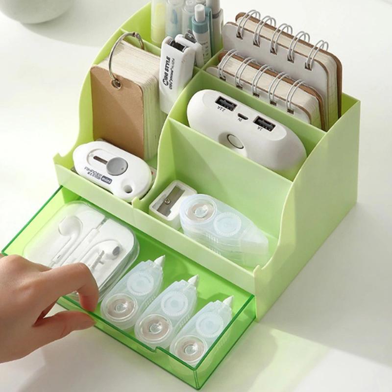 Desktop Storage Box Pen Holder Stationery Cosmetics Lipstick Organizer With Drawer Roomy Debris Storage Office Home