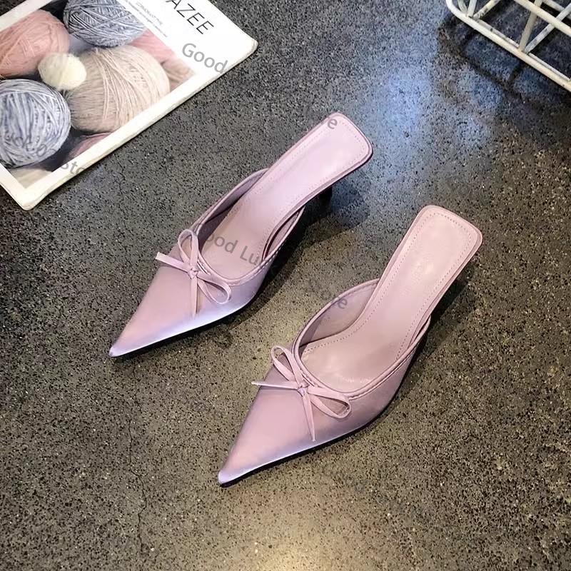 Fashion New Butterfly-knot Women Slipper 2025 Summer Pointed Toe Slip On Ladies Mules Thin Low Heel Satin Slide Sandals Zapatos Mujer