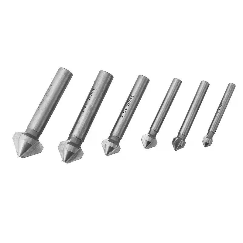 High-Speed Steel 6-Piece Set 3-Flute 90-Degree Angle Drill Bit Countersink Tool for Wood and Metal Deburring