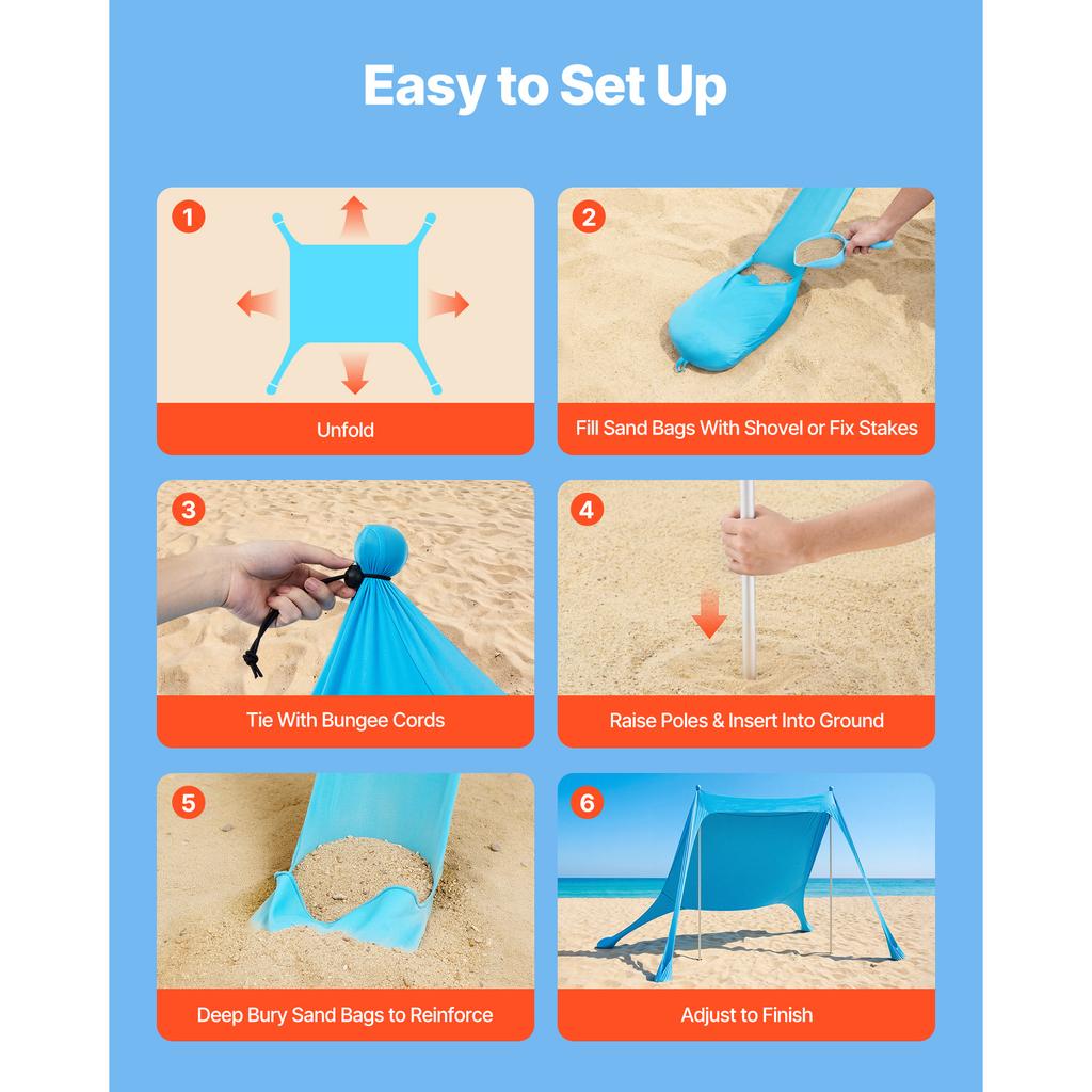 SucceBuy Beach Tent Sun Shelter Easy Pop Up Beach Canopy with Sandbags Stability Poles Sand Shovels Portable Shade for Camping