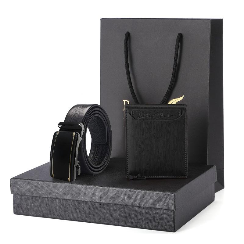 lack pig intestine belt belt wallet gift set gift box men's genuine leather short cowhide wallet men's belt