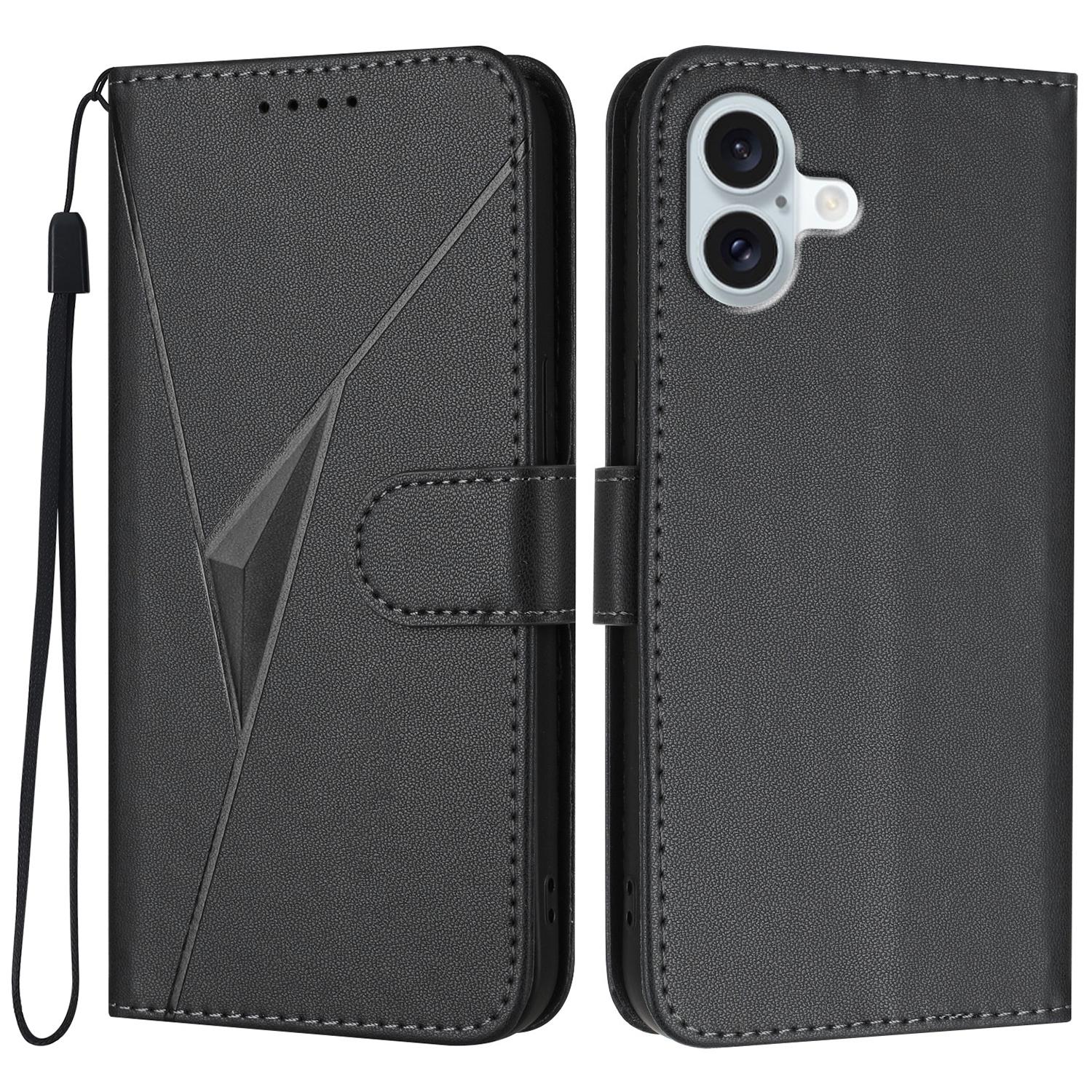 

YX0090 Чехол для iPhone 16 Plus с треугольным принтом, кожаный чехол для телефона со шнурком Black