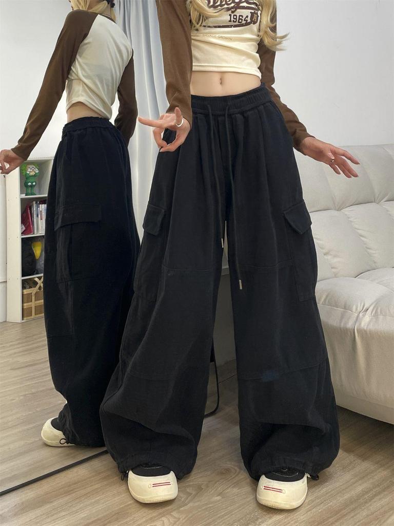 Women's Retro Slimming Wide Leg Joggers with Multi-Pockets - Casual Spring/Autumn Pants